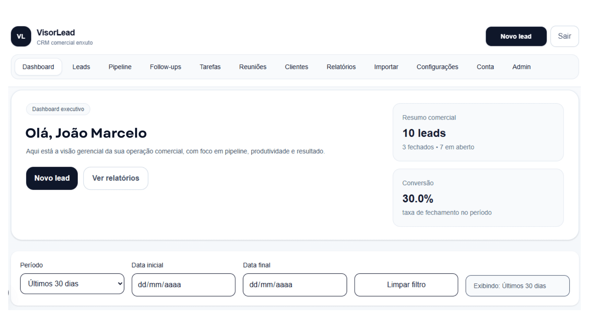 Dashboard do VisorLead com KPIs, pipeline e alertas automáticos