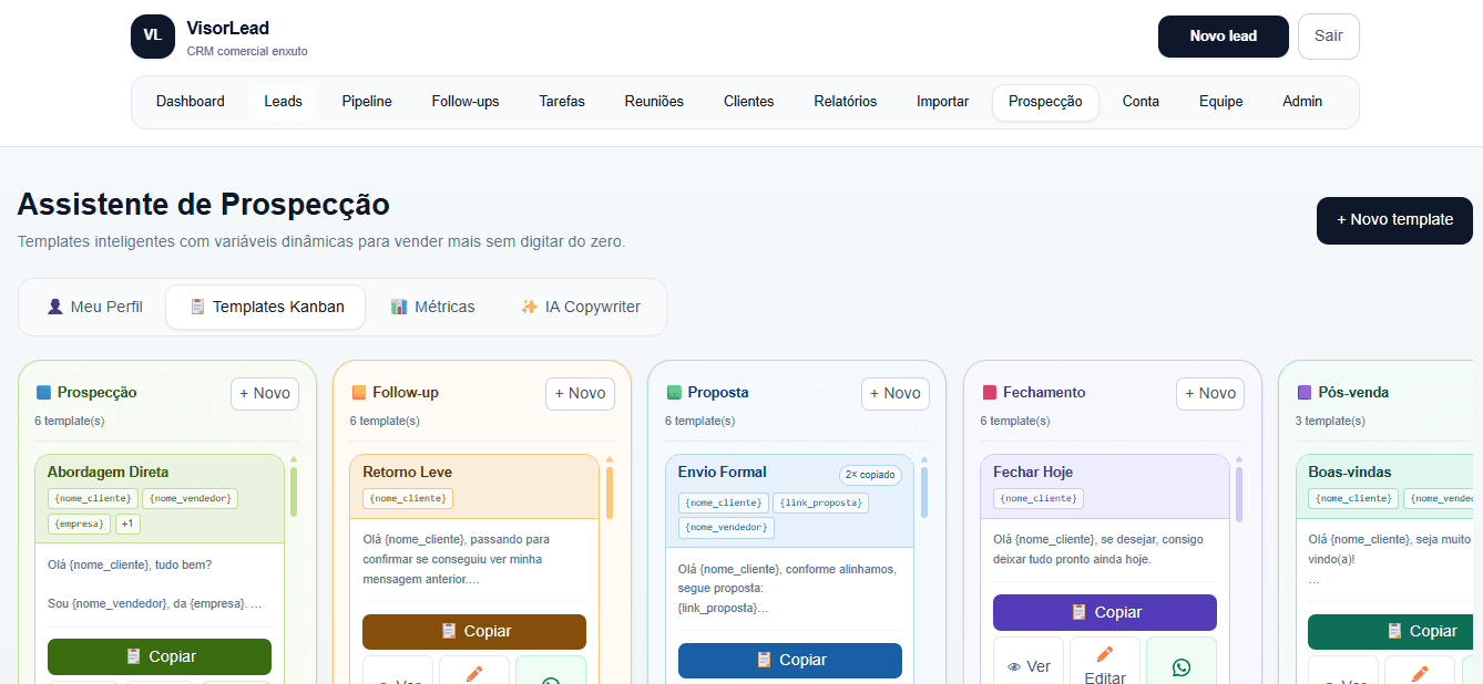 Assistente de prospecção com IA e templates do VisorLead
